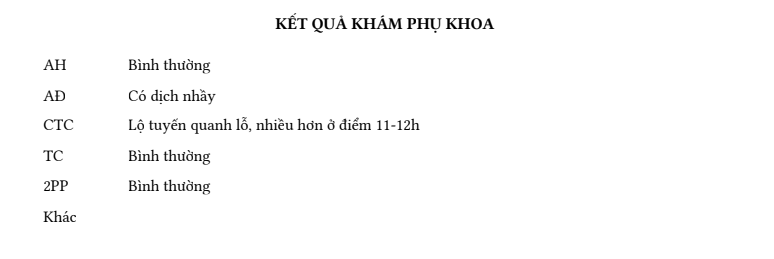 Kết quả khám phụ khoa của bệnh nhân Lý G.H