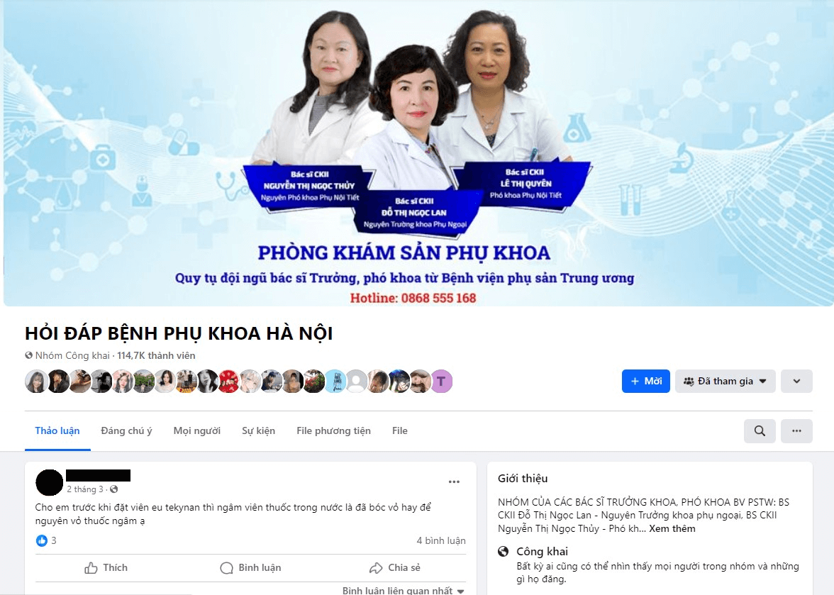 Hình ảnh chị em đặt câu hỏi về thuốc eu tekynan trong group “HỎI ĐÁP BỆNH PHỤ KHOA HÀ NỘI”