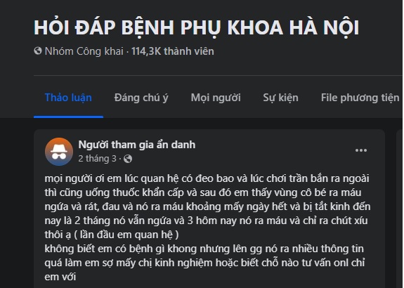 Hình ảnh câu hỏi trên group HỎI ĐÁP BỆNH PHỤ KHOA HÀ NỘI.