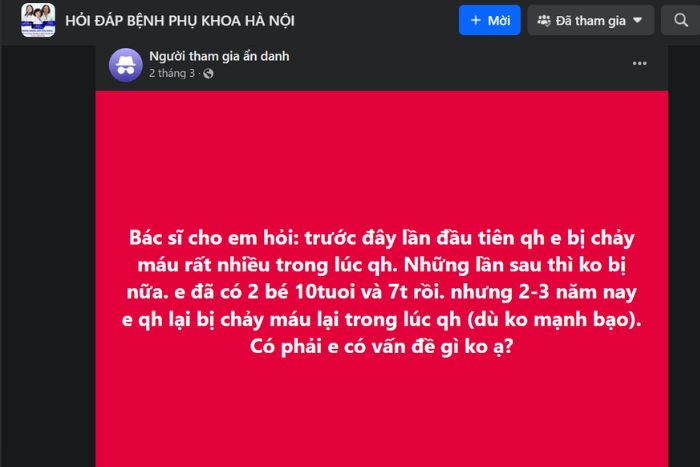 Chảy máu trong quan hệ gây nhiều lo lắng cho người bệnh