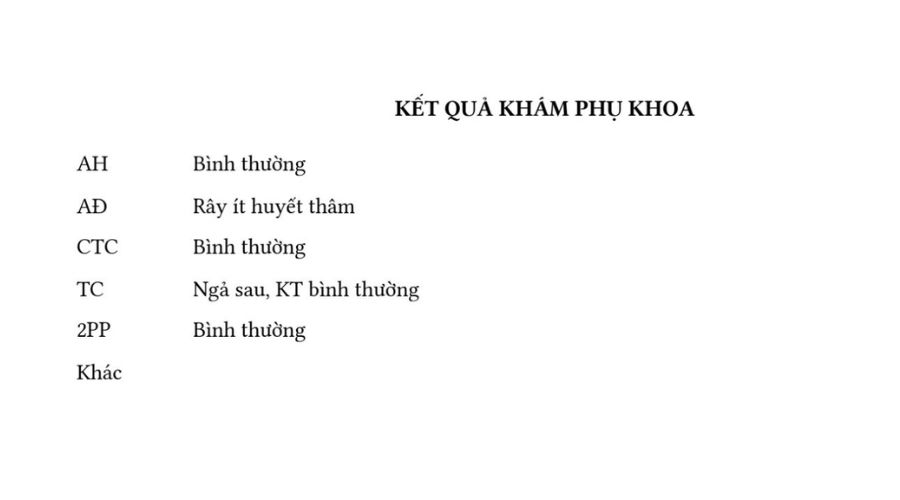 Kết quả khám phụ khoa