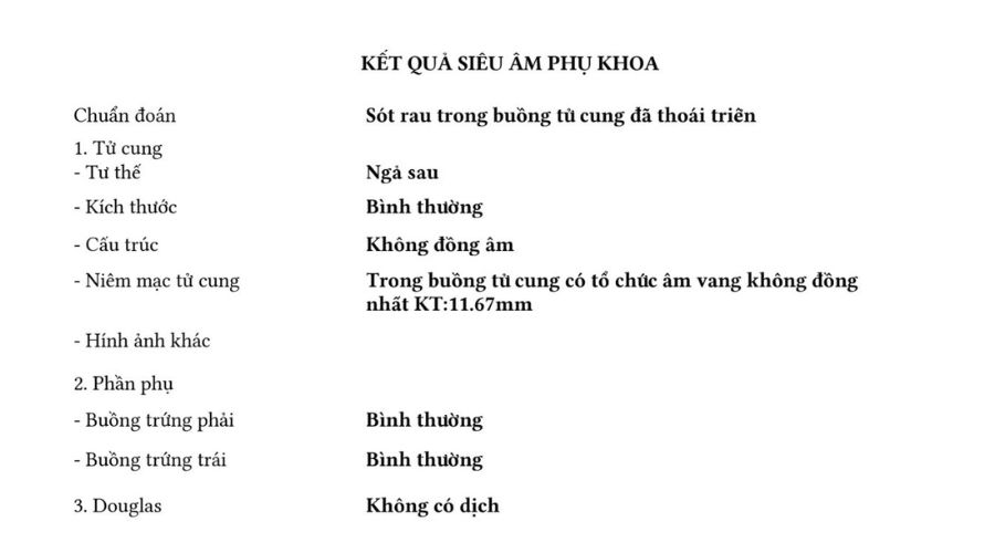 Kết quả siêu âm phụ khoa