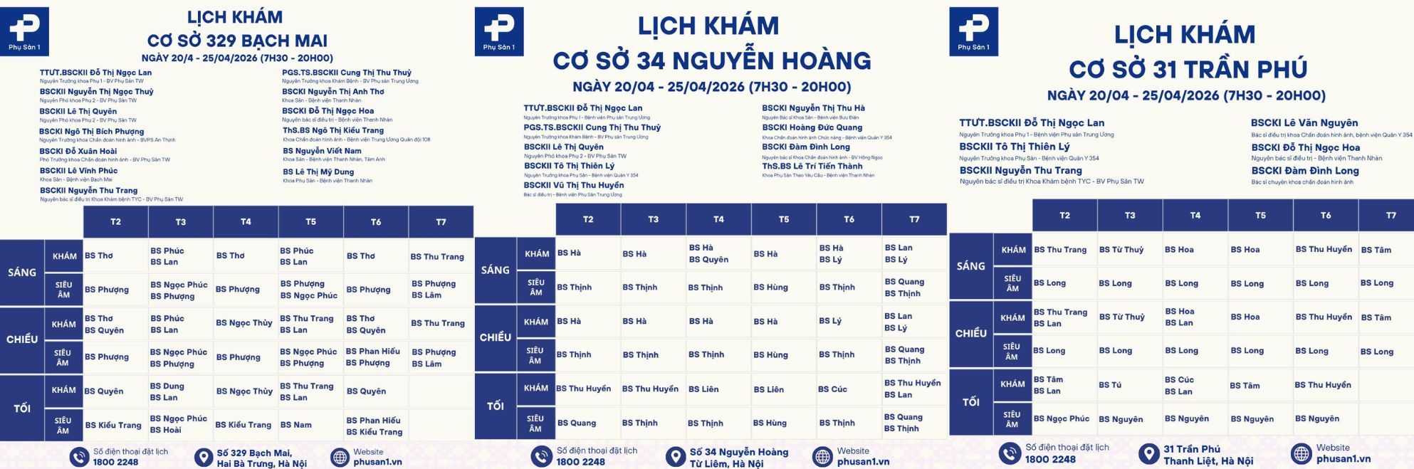 Lịch khám Phòng Khám Phụ Sản 1 từ ngày 20/4-26/4
